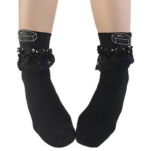 Gothic Coffin Ankle Socks with Lace & Studded Ruffle Trim